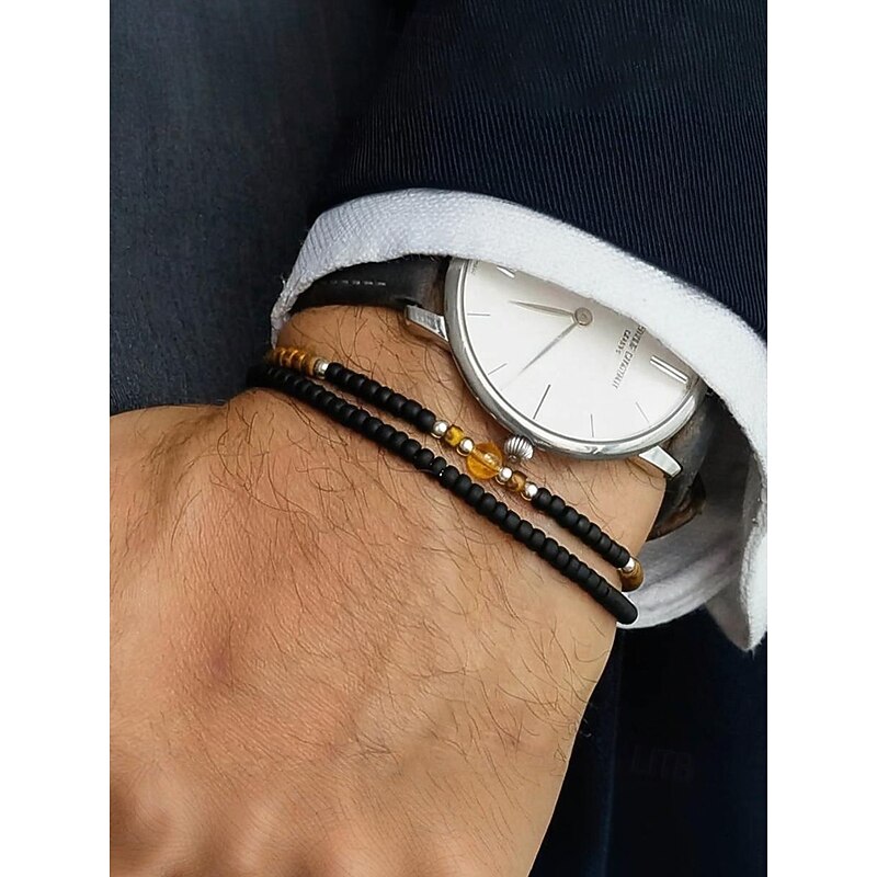 Men's Natural Stone Beaded Bracelet Set, Matte Black and Tiger Eye Beads with Yellow Accent, Minimalist Style for Business, Casual and Gift Occasions
