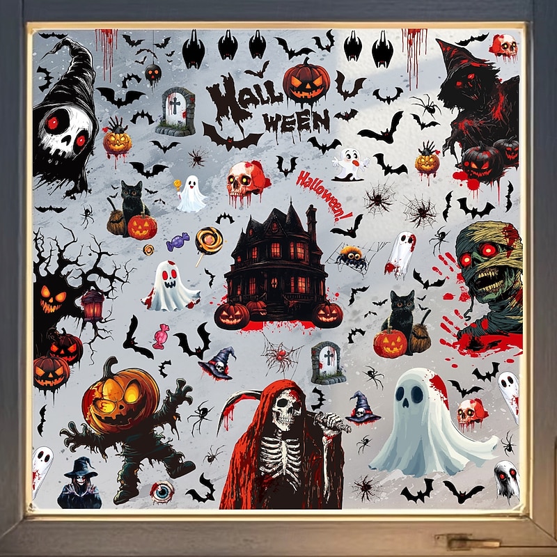 9 Sheets Halloween Window Cling Sticker Decals Decorations Double Side, Scary Bat Ghost Pumpkin Grim Reaper Static Stickers for Glass and Halloween Window Decor