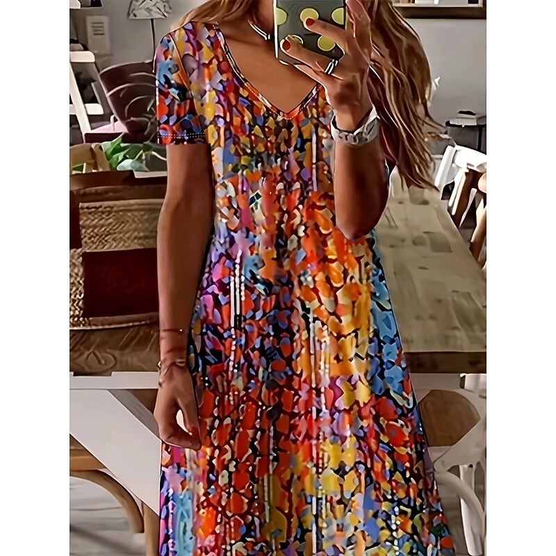 Women's Maxi Dress Casual Dress A Line Dress Summer Dress Elegant Vacation Casual Regular Fit Floral Graphic Abstract Short Sleeve U Neck Red Light Brown Summer Spring Fall2