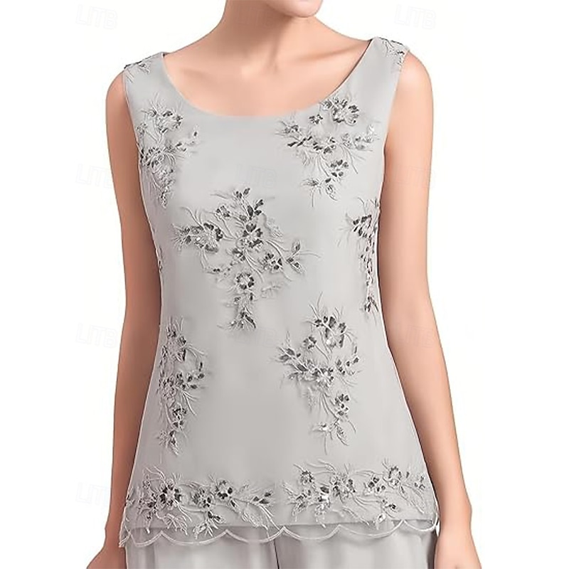 Pantsuit 3 Piece Pantsuit Mother of the Bride Dress Elegant Vintage Simple Boat Neck Floor Length Chiffon Polyester Sleeveless Long Sleeve with Lace Sequin Embroidery3