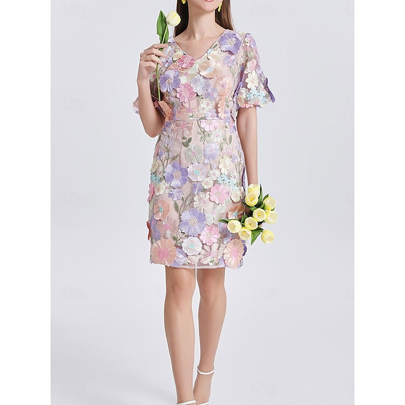 H-Line Mini Dresses Elegant Dress Wedding Wedding Guest Short Sleeve Puff Sleeve V Neck with Floral Embroidery Lace