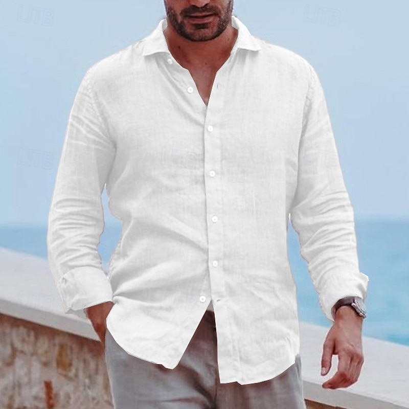 Men's Shirt Linen Shirt Summer Shirt Beach Wear Button Up Shirt Plain Vacation Daily Black White Blue Gray Long Sleeve Turndown Spring & Summer Clothing Apparel2