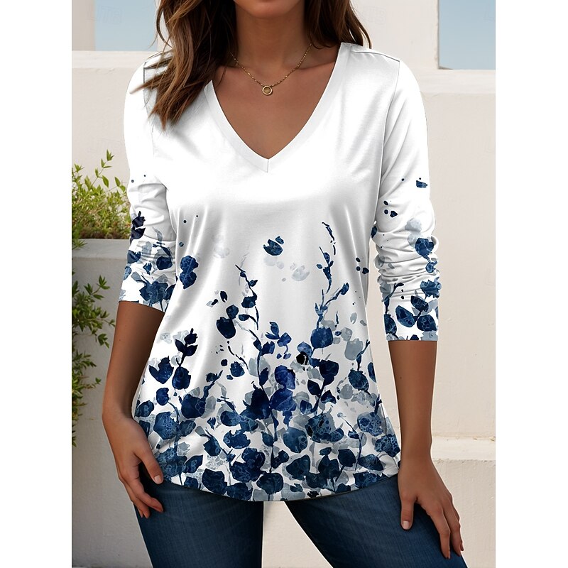 Women's T shirt Long Sleeve V Neck Long Sleeve Tunic Graphic Plants Vintage Elegant Bohemia Vintage Regular Tops Daily Going out Weekend Print Black White Pink Dusty Rose Red Spring Fall Prefall4