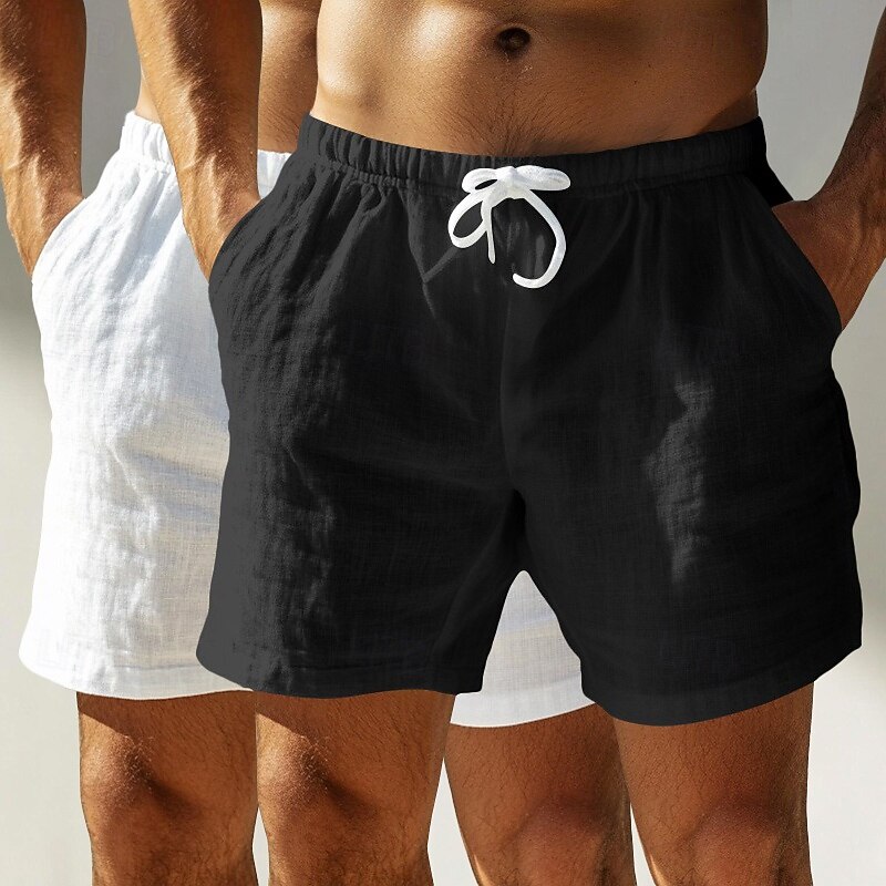 Men's Shorts Linen Shorts Summer Shorts Beach Shorts Pocket Elastic Waist Drawstring Plain Comfort Breathable Short Outdoor Daily Running Vacation Fashion White+Green White+Black3