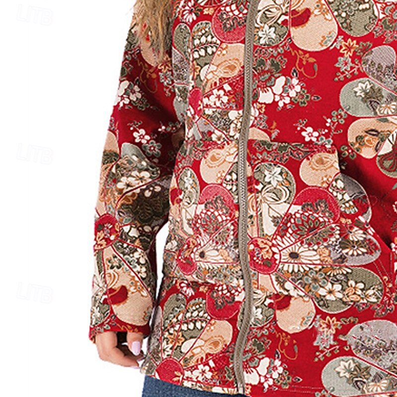Women's Fleece Jacket Coat Hoodie Jacket Warm Comfortable Zipper Pocket Fashion Modern Casual Floral Going out Weekend Zipper Regular Hooded Regular Fit Long Sleeve Outerwear Red Winter3