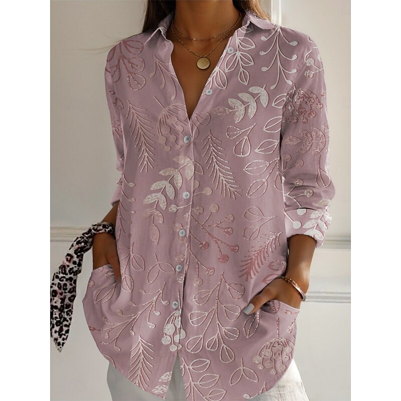 Women's Shirt Leaf Active Daily Stylish Long Sleeve Shirt Collar Regular Tops Daily Holiday Buttons Print Blue Purple Fuchsia Khaki Spring Fall