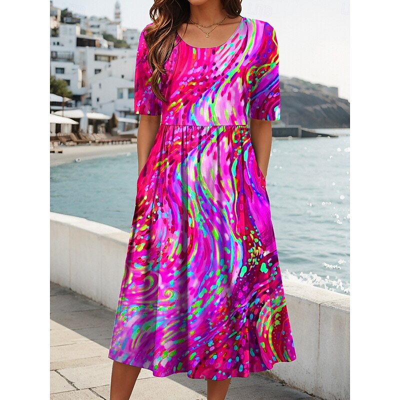 Women's Midi Dress Summer Dress Pleated Dress Vacation Casual Holiday Loose Fit Graphic Geometric Abstract Half Sleeve Crew Neck Red Blue Purple Green Summer3