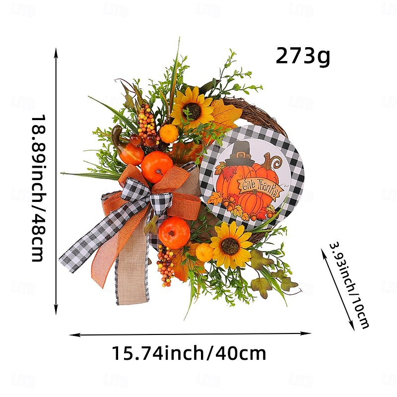 Fall Wreath for Front Door Thanksgiving Autumn Harvest Indoor Outdoor Decoration, Wooden Sign Sunflower Pumpkin Artificial Plant Wreath Door Hanging3