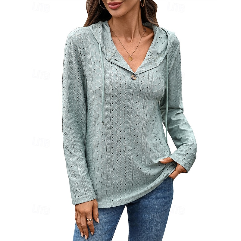 Women's Texture Sweatshirt Pullover Hoodie Sweatshirt Plain Streetwear Casual Comfy Long Sleeve Hooded Regular Tops Street Holiday Going out Buttons Black Pink Navy Blue Green Fall2