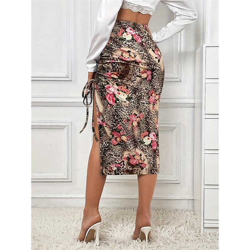 Women's Skirt Bodycon Fashion Casual Midi High Waist Skirts Leopard Floral Print Micro-elastic Party Street Khaki Summer Polyester2