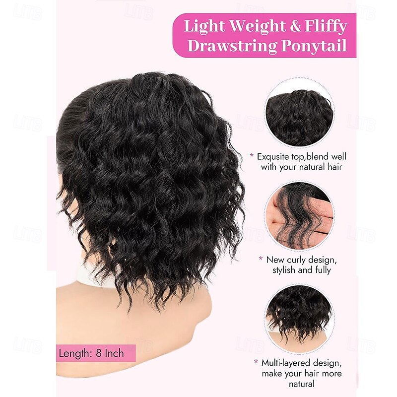 Ponytail Extension 8 Inch Short Wavy Curly Ponytails Drawstring Ponytail for Black Women Jet Black Pony Tails Hair Extensions Synthetic Hairpiece for Daily Use3