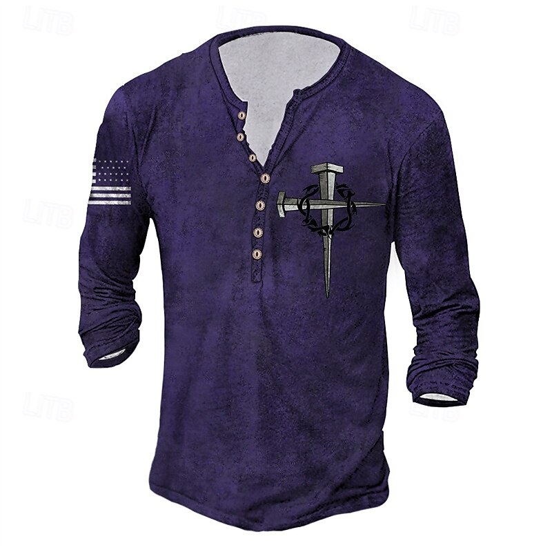 Men's T Shirt Henley Shirt Tee Tee Top Long Sleeve Henley Summer Spring National Flag Fashion Designer Basic Print Vacation Street Going out Navy Blue Purple Army Green Top Tee for Men3