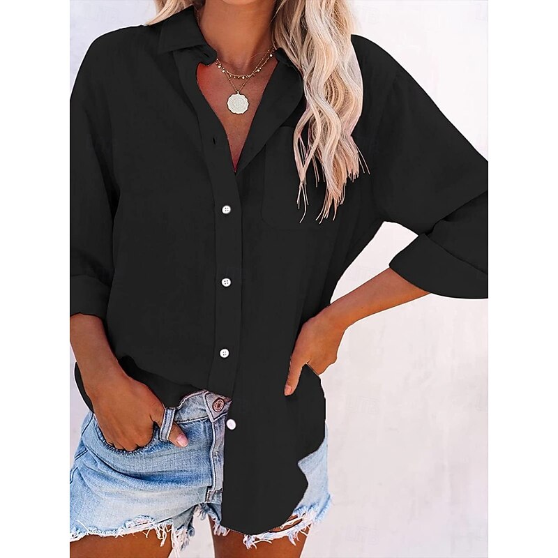 Women's Shirt Button Down Blouse Plain Stylish Casual Long Sleeve Shirt Button Down Blouse Collar Regular Tops Daily Buttons Black White Pink Gray Summer Spring