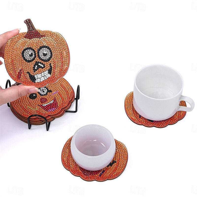 10pcs Halloween Pumpkin Wooden Coaster Set, Handmade DIY Dot Diamond Art Cup Mats, Insulated Non-slip Drink Coasters with Stand for Party Table Decor3
