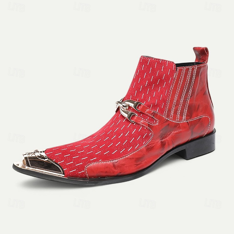Men's Red and White Stitching Leather Ankle Boots with Gold Tip Buckle Detailing–Retro Western-Inspired Footwear for Parties and Special Occasions3