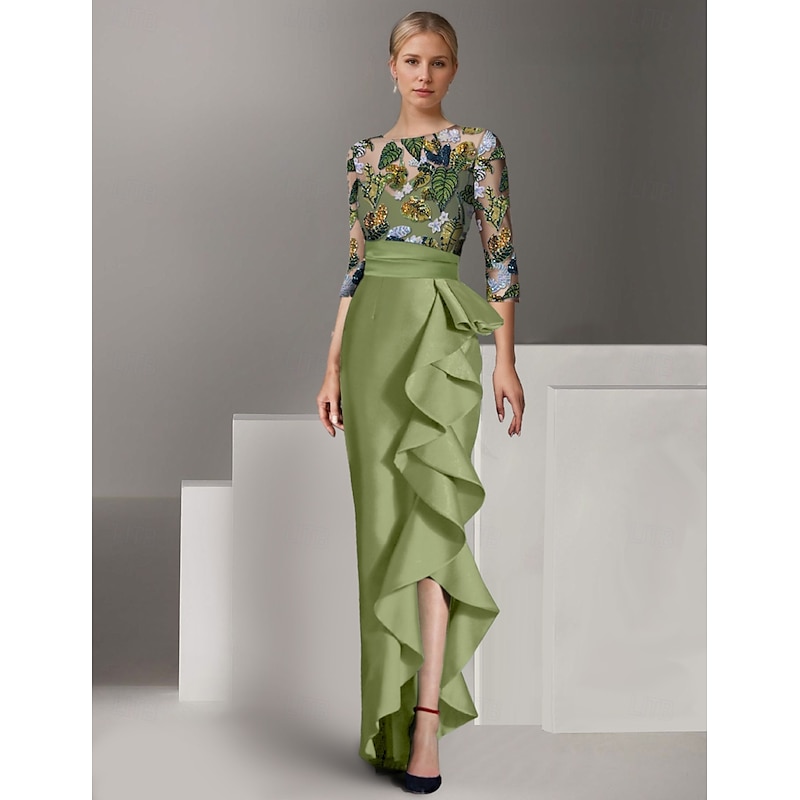 Floral Leaf Ruffles Embroidered Column Evening Gown Elegant Dress Formal Wedding Floor Length Half Sleeve Illusion Neck Satin with2