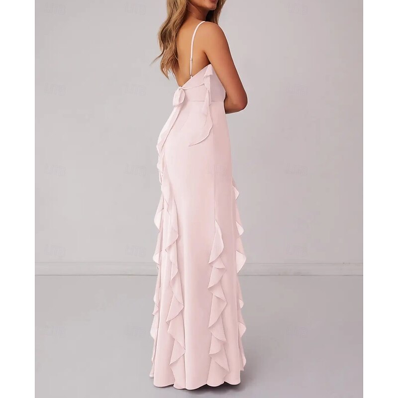 A-Line Bridesmaid Dress Spaghetti Strap Sleeveless Elegant Floor Length Chiffon with Ruffles / Split Front2