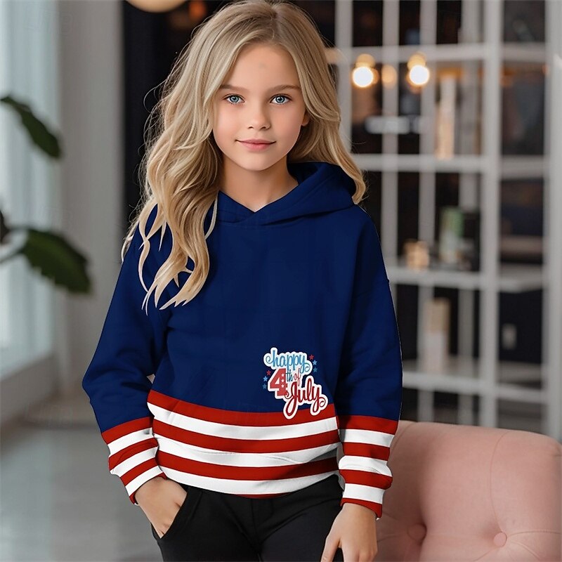 American Independence Day Girls' 3D Flag Hoodie Long Sleeve Spring Fall Fashion Streetwear Kids 4-12 Years Hooded Outdoor Casual Daily Regular Fit3