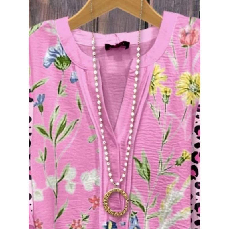 Women's Shirt Floral Paisley Ethnic 3/4 Length Sleeve V Neck Regular Tops Daily Holiday Ruffle Print Pink Wine Summer2