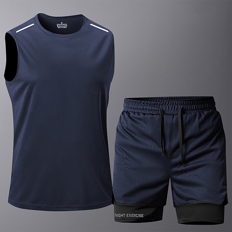 Men's Activewear Set Sport Set Elastic Waistband Solid Colored Clothing Suit Summer Black Dark Gray Gym Workout Sports Soft Quick-drying Sleeveless Sport Activewear Micro-elastic Regular Fit