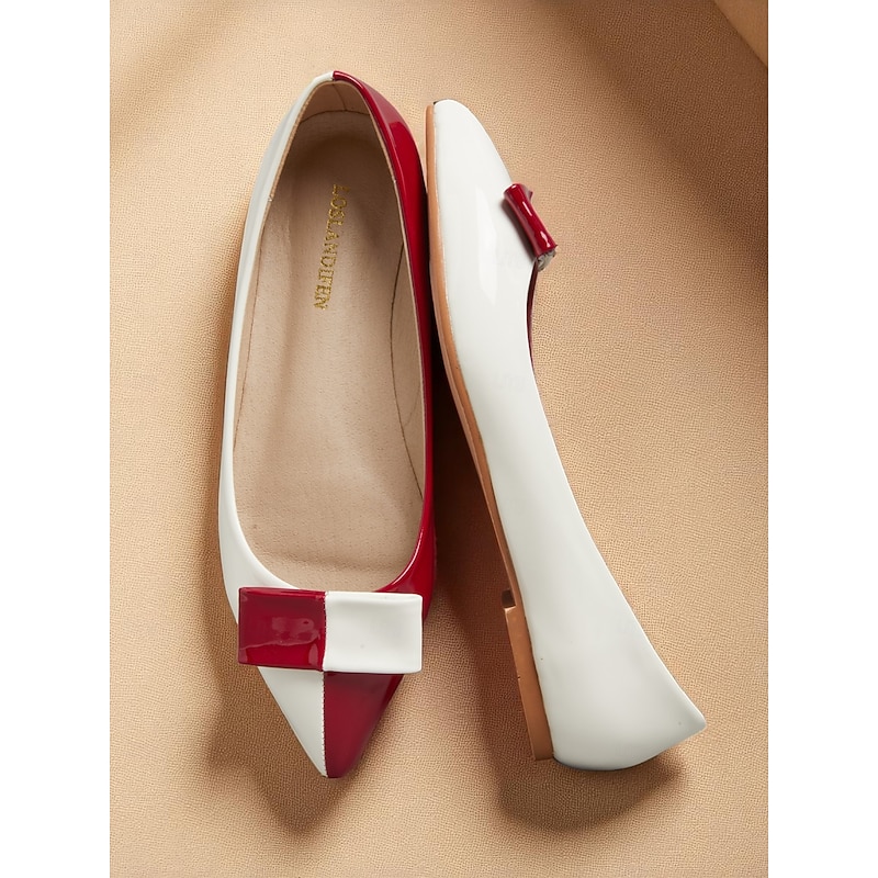 Women's 1950s Vintage Red and White Patent Leather Ballet Flats – Two-Tone Pointed Toe Shoes with Bow Detail for Office, Parties, and Daily Wear