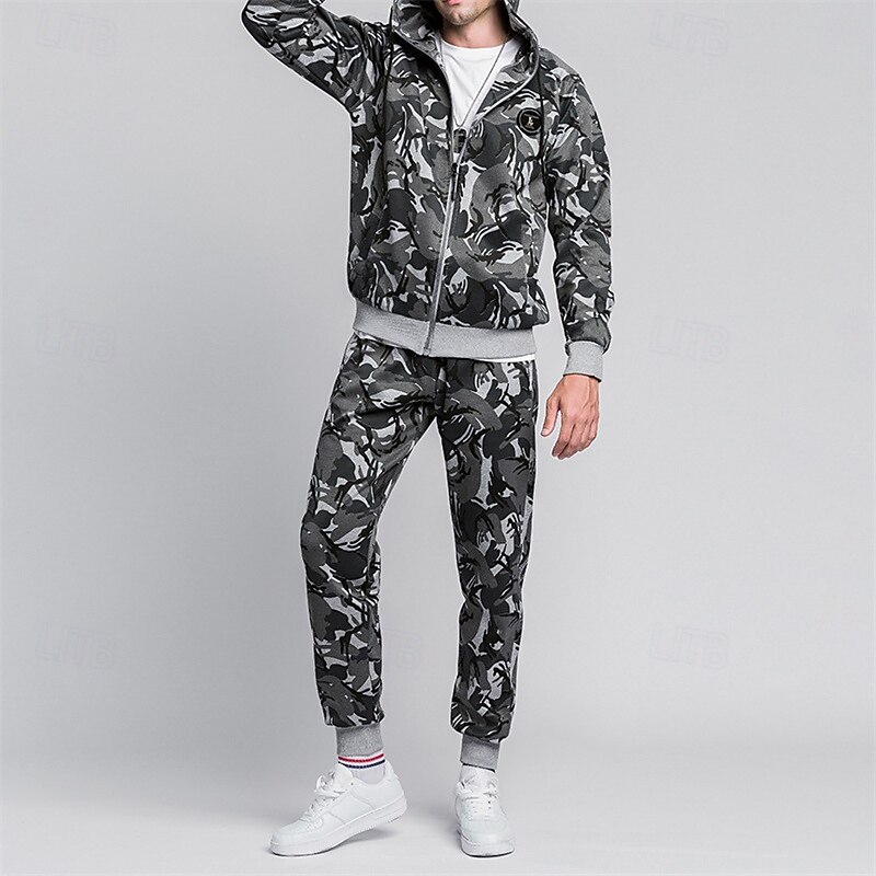 Men's Tracksuit Sweatpants Zip Up Hoodie Pocket Camouflage Clothing Suit Fall Red Khaki Gym Workout Sports Windproof Long Sleeve Sport Activewear Micro-elastic Regular Fit4