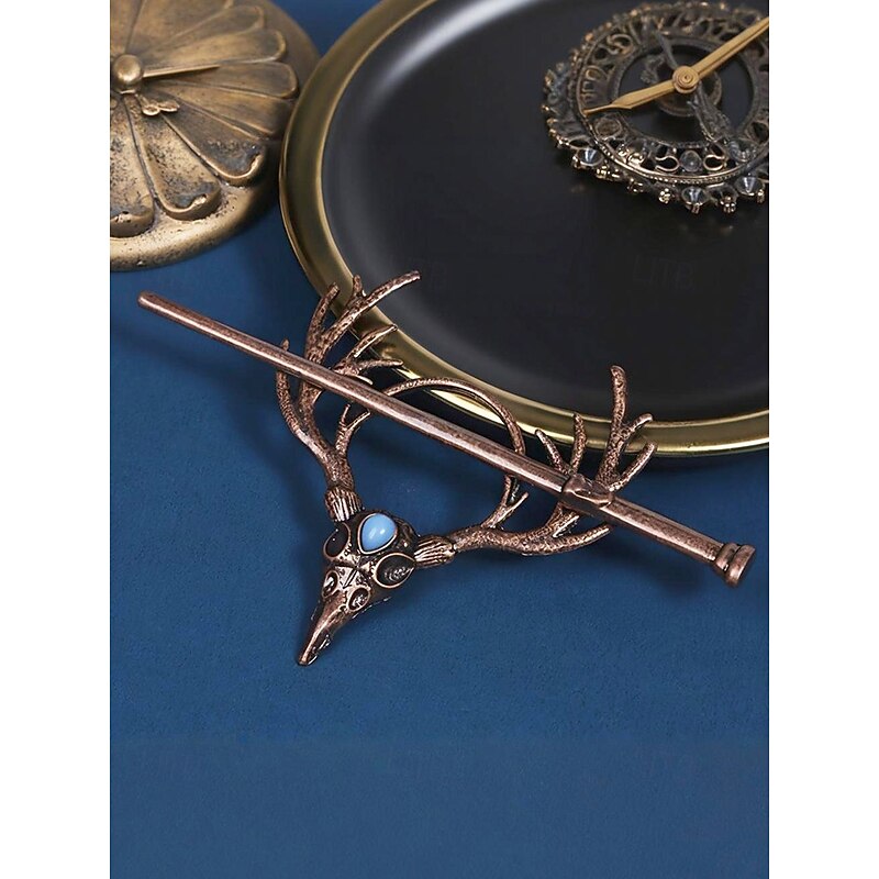 Women's Gothic Antler Hair Stick Clip – Vintage Alloy Deer Skull Hairpin with Blue Stone for Halloween Parties, Cosplay and Retro Occasions4