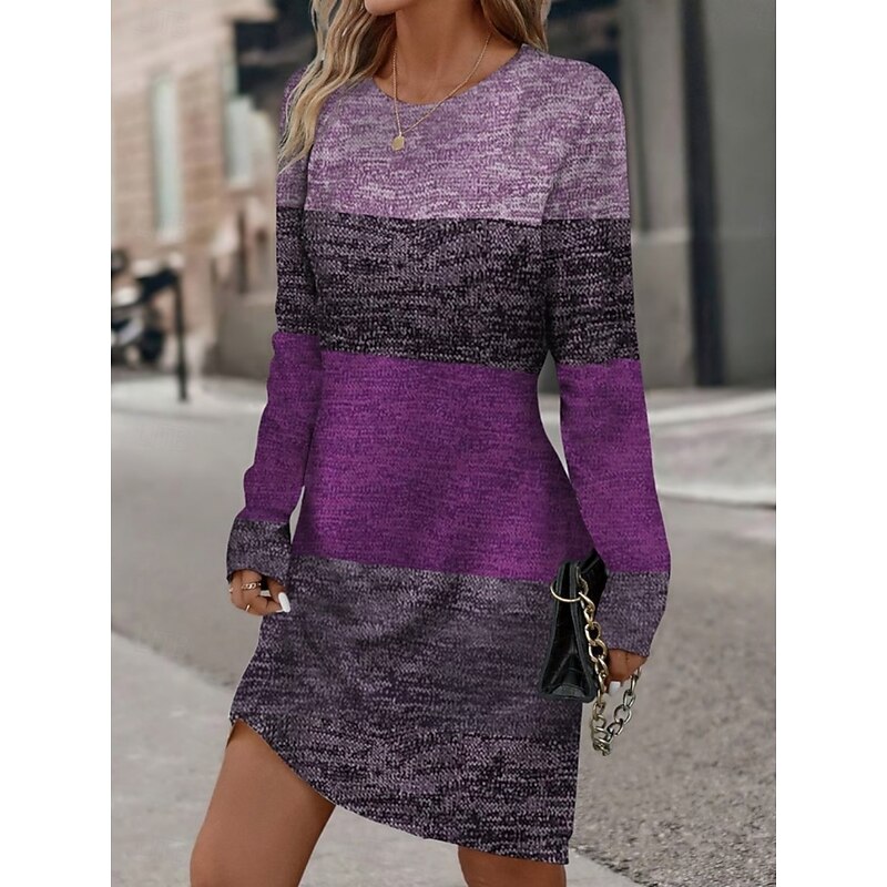 Women's Mini Dress T Shirt Dress Tee Dress Summer Dress Casual Daily Regular Fit Graphic Geometric Color Block Long Sleeve Crew Neck Red Blue Purple Brown Fall3