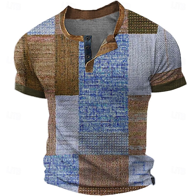 Men's Patchwork Henley Shirt Waffle T Shirt Short Sleeve Daily Retro Vintage Classic Sports Outdoor Casual Holiday Spring & Summer All Seasons Green Blue Brown Grey Henley Henley T-Shirt2