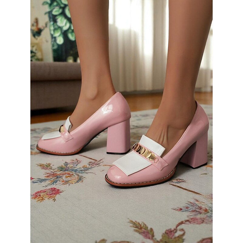 Women's Vintage 1950s Red Patent Leather Loafers with Chunky Heels, White Panel, and Gold Metal Buckle – Retro Mod Style Heels for Office, Parties, and Daily Wear4