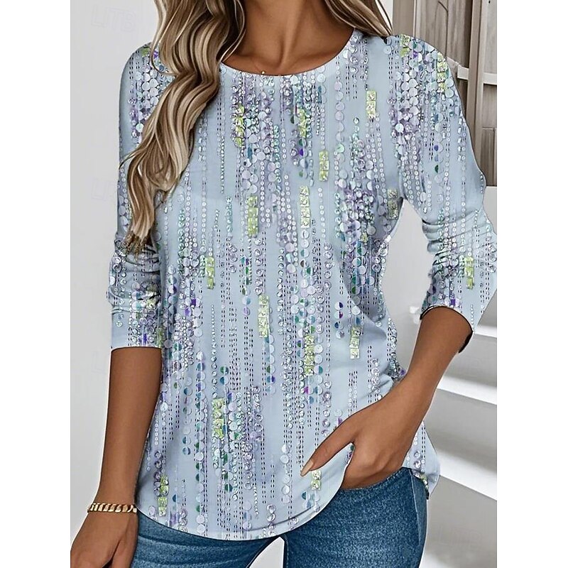 Women's T shirt Long Sleeve Crew Neck Long Sleeve Tunic Graphic Geometric Abstract Elegant Vintage Stylish Regular Tops Daily Print Pink Blue Purple Green Prefall3