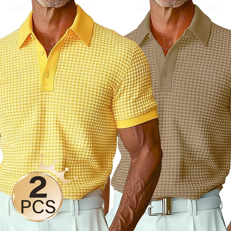 Men's  2Pcs Waffle Polo Shirts Vacation Casual Turndown Short Sleeve Vacation Leisure Plain Pocket  Summer4