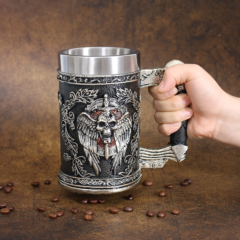 Halloween Skull Mug Grim Reaper Beer Stein, Skull Water Cup Unique Stainless Steel Large Capacity Mug, Angel & Demon Design for Halloween Party Decor