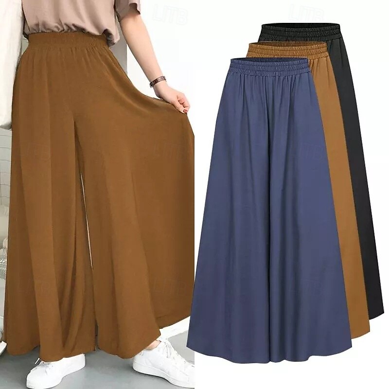 Women's Wide Leg Slacks Streetwear Casual Full Length Natural Plain Elastic Waist Comfy Outdoor Outdoor Streetwear Camel Black Blue Fall Regular Fit