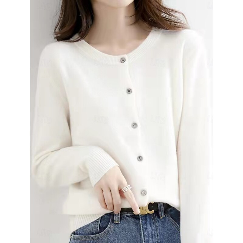 Women's Sweater Cardigan Elegant Fashion Streetwear Pure Color Crew Neck Pocket Knitted Long Sleeve Regular Tops Knit Outdoor Daily Weekend Black White Fall Winter2
