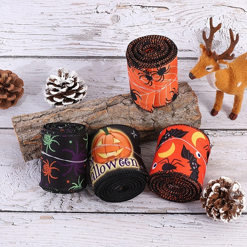 Halloween Burlap Ribbon Rolls with Spider Print, Edge Ribbons for DIY Crafts, Halloween Wreaths, Gift Wrapping and Party Decorations