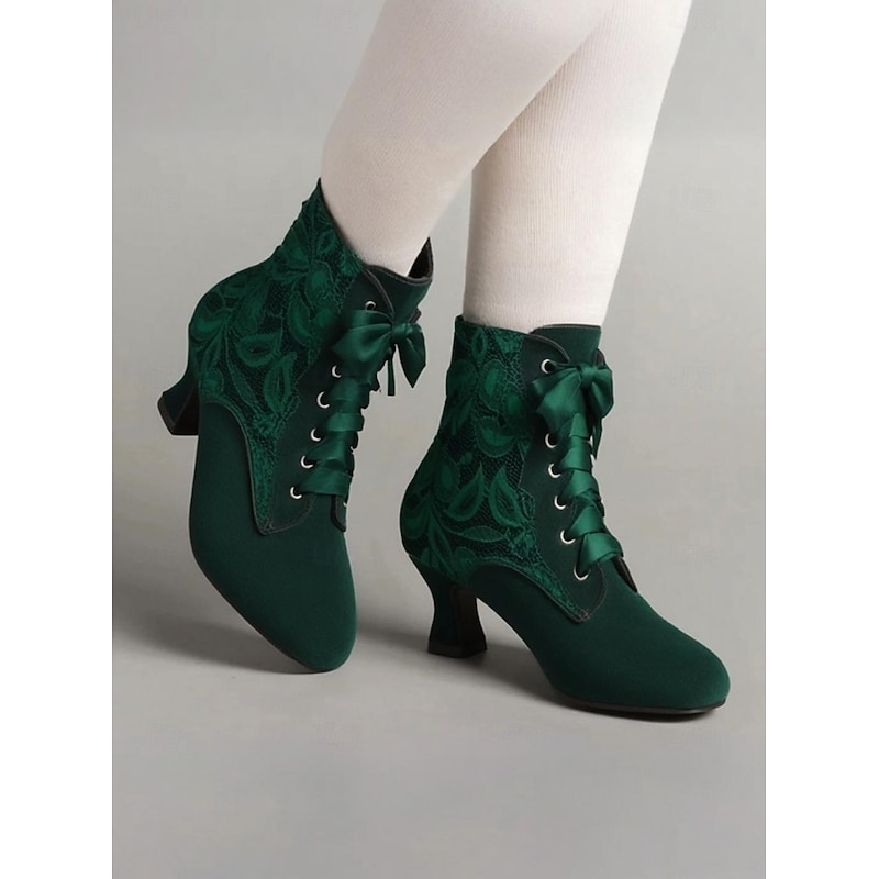 Women's Victorian Lace-Up Ankle Boots - Green Suede High Heel Booties for Vintage and Steampunk Costumes