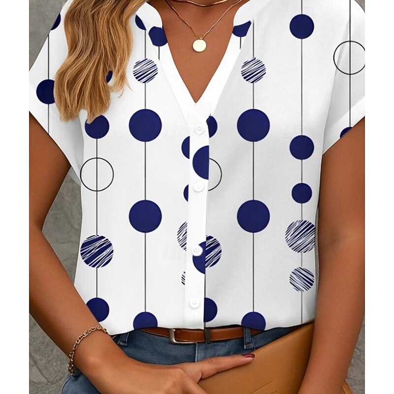 Women's Blouse V Neck Button Down Blouse Graphic Geometric Polka Dot Vintage Tropical Stylish Sleeveless Short Sleeve Regular Tops Daily Buttons Print White Summer Spring2