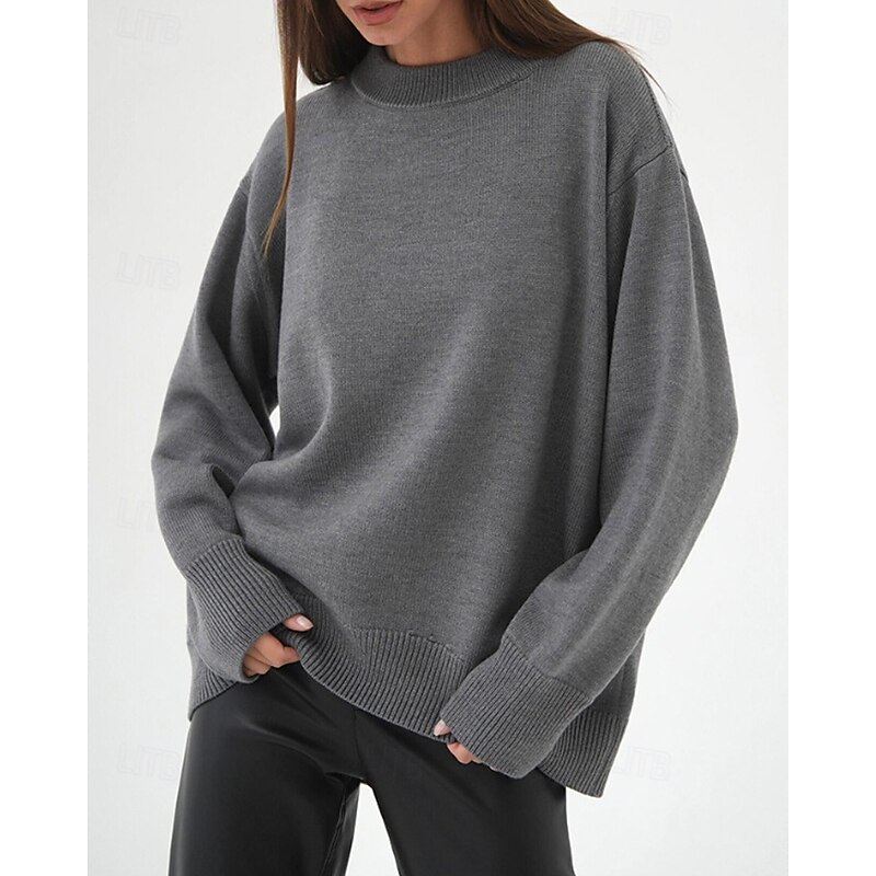 Women's Sweater Pullover Fashion Soft Solid Color Ribbed Crew Neck Knitted Long Sleeve Regular Tops Knit Holiday Going out Weekend White Brown Fall2