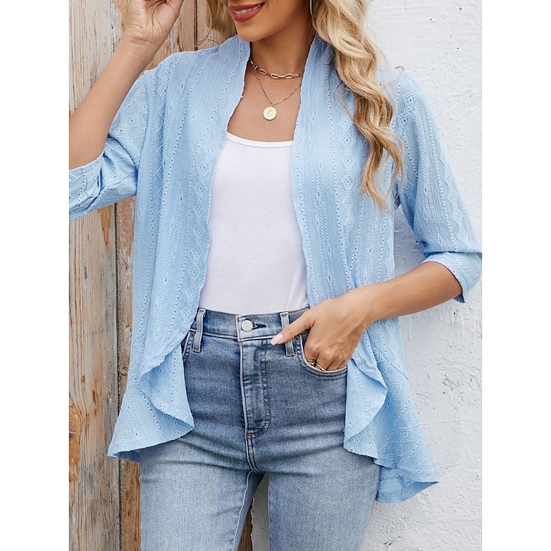 Women's Casual Jacket Breathable Comfortable Ruffle Casual Plain Vacation Street Casual Daily Wear Open Front Regular Collarless Regular Fit 3/4 Length Sleeve Outerwear Black White Pink Summer Spring