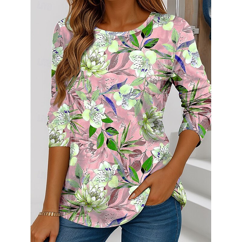 Women's T shirt Long Sleeve Crew Neck Long Sleeve Tunic Floral Graphic Vintage Stylish Classic Regular Tops Daily Weekend Print Pink Blue Purple Green Spring Fall Prefall3