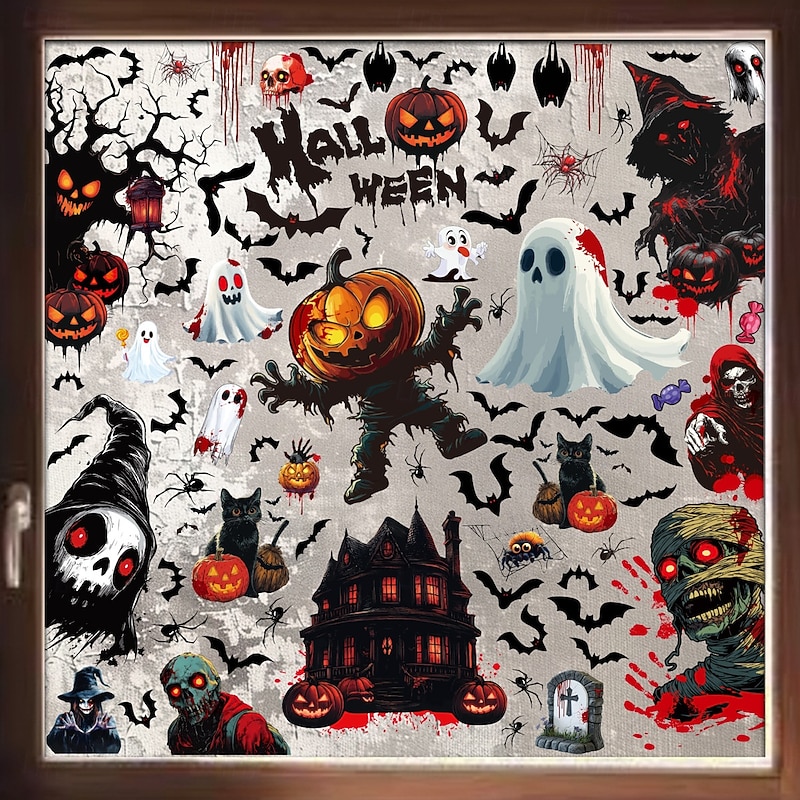 9 Sheets Halloween Window Cling Sticker Decals Decorations Double Side, Scary Bat Ghost Pumpkin Grim Reaper Static Stickers for Glass and Halloween Window Decor2