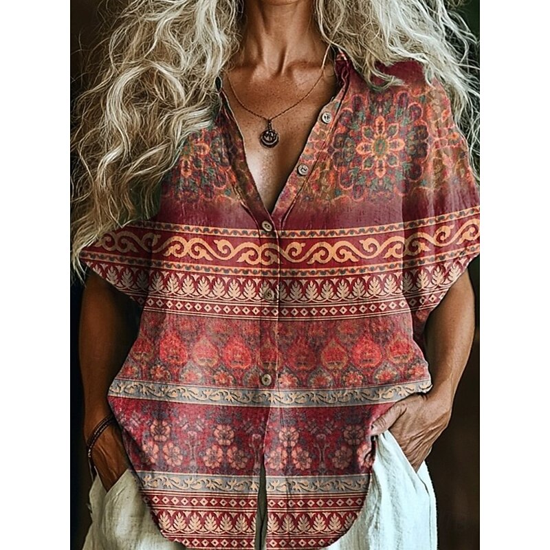 Women's Shirt Long Sleeve Button Down Blouse Floral Graphic Bohemia Vintage Tropical Short Sleeve Shirt Collar Regular Tops Daily Pink Red Light Brown Orange Green Summer Spring3