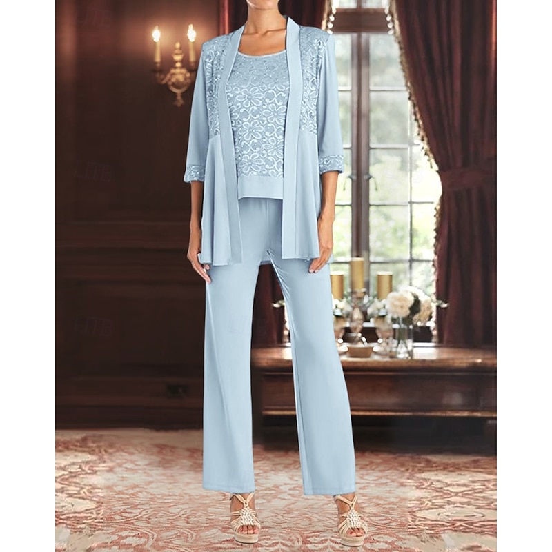 Pantsuit 3 Piece Pantsuit Mother of the Bride Dress Elegant Vintage Simple Boat Neck Ankle Length Stretch Chiffon Half Sleeve with Lace Sequin Embroidery