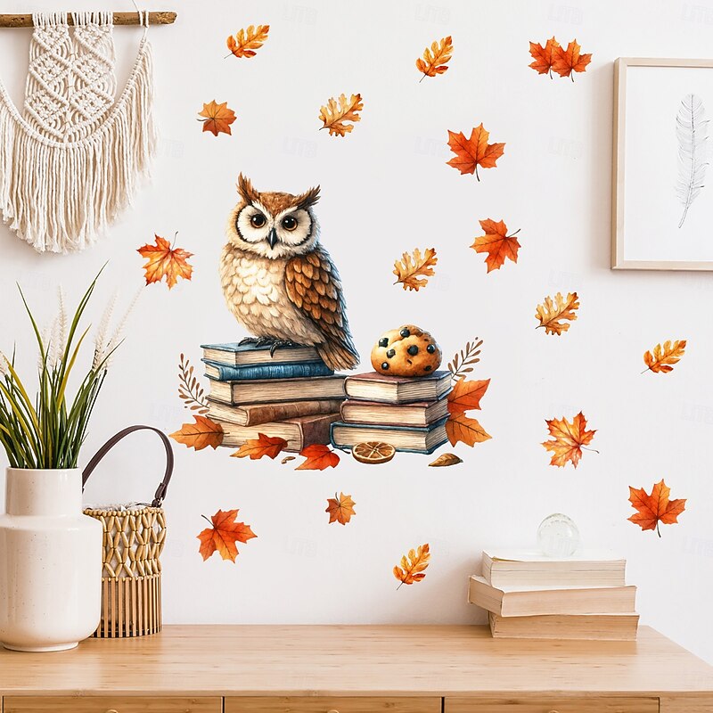 Fall Wall Stickers, Thanksgiving Maple Leaf and Owl  Cartoon Animal Reading Owl Decals for Living Room Bedroom Kids Room Home Decor Self-Adhesive Wall Decals