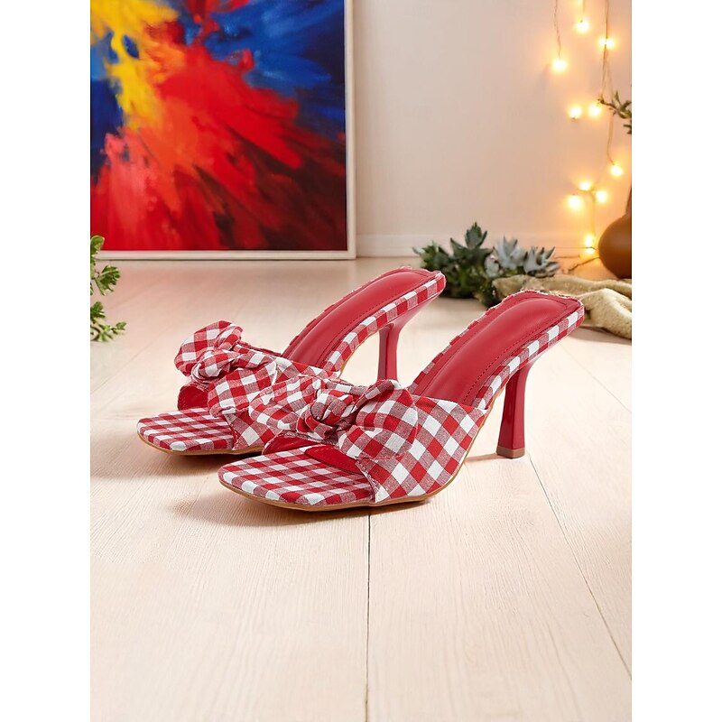 Women's Gingham Bow Heeled Mules - Vintage Open Toe Slip-On Sandals for Casual Dates and Summer Outings2