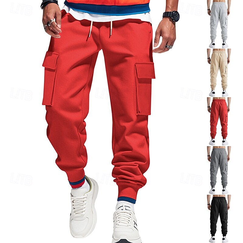 Men's Cargo Pants Joggers Trousers Cargo Sweatpants Elastic Waist Drawstring Multi Pocket Plain Wearable Outdoor Daily Camping & Hiking Fashion Classic Black Red