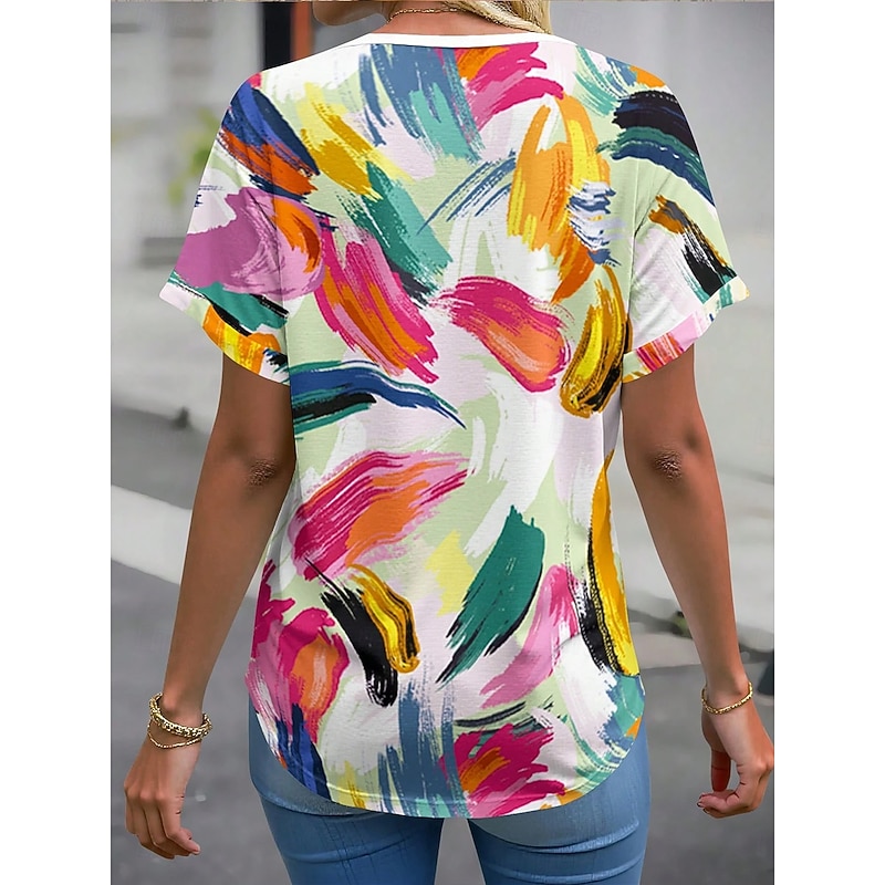 Women's T Shirt Floral Graphic Vintage Stylish Modern Short Sleeve V Neck Regular Tops Daily Print Pink Fuchsia Green Summer Spring2