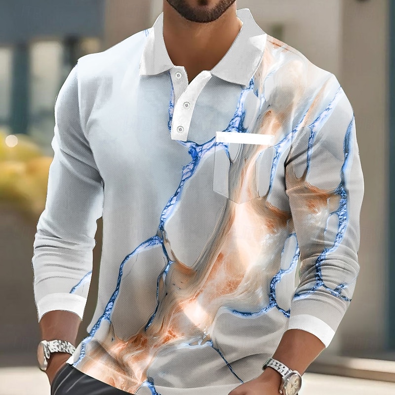 Men's Abstract Marble Polo Long Sleeve Polo Shirts Collared Shirts Business Casual Business Athleisure Daily Wear Pocket 3D Print Buttons Spring Fall Winter Red Blue Purple2