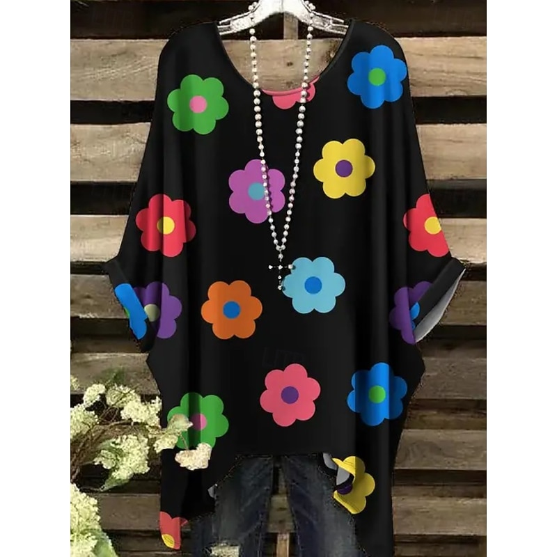 Women's Boho Shirt Graphic Geometric Abstract Elegant Bohemia Active Short Sleeve Batwing Sleeve Crew Neck Regular Tops Daily Holiday Beach Wear Black White Pink Brown Summer Spring4